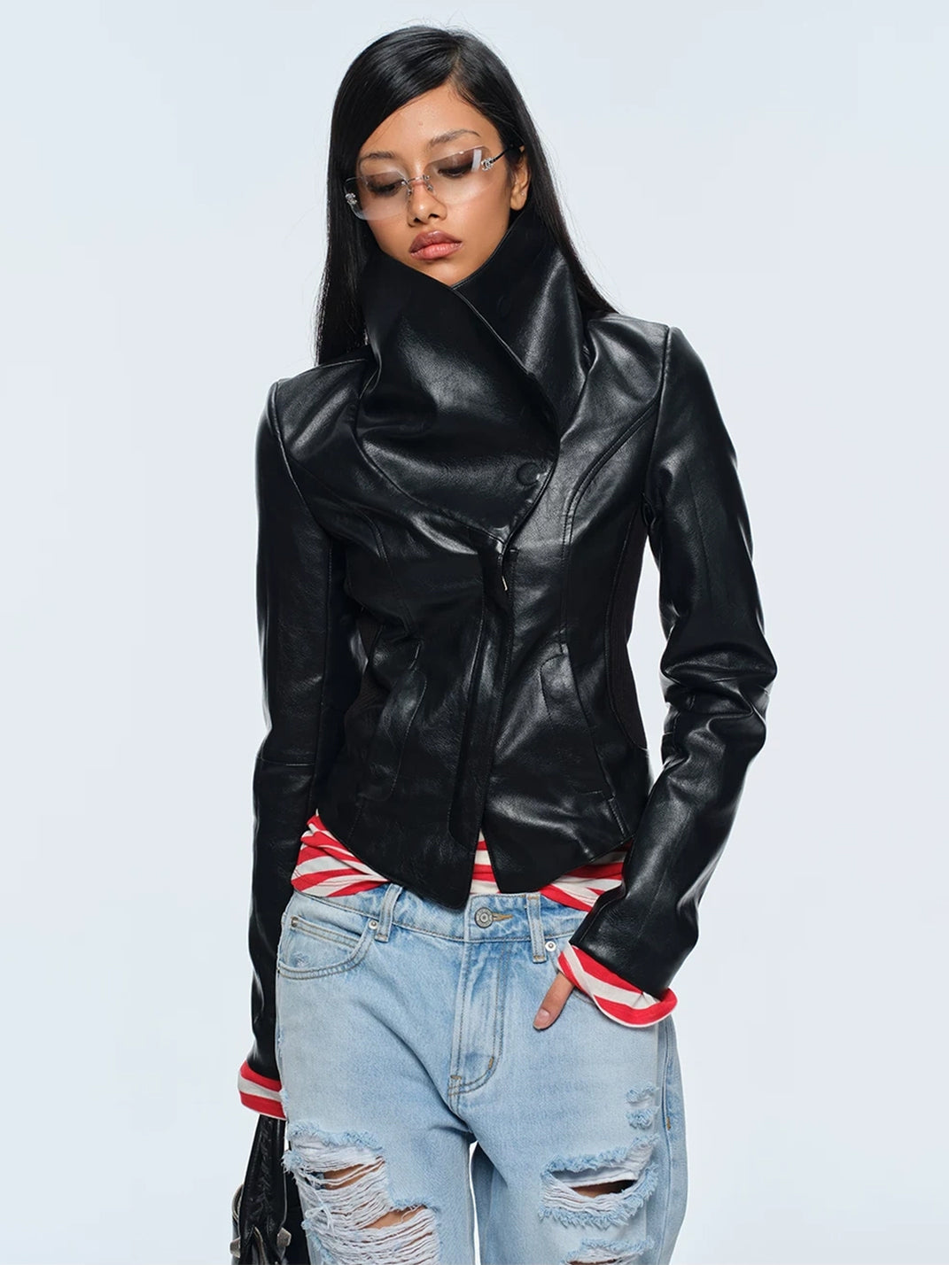 Sculpted Magnetic-Collar Faux Leather Jacket — product view 7