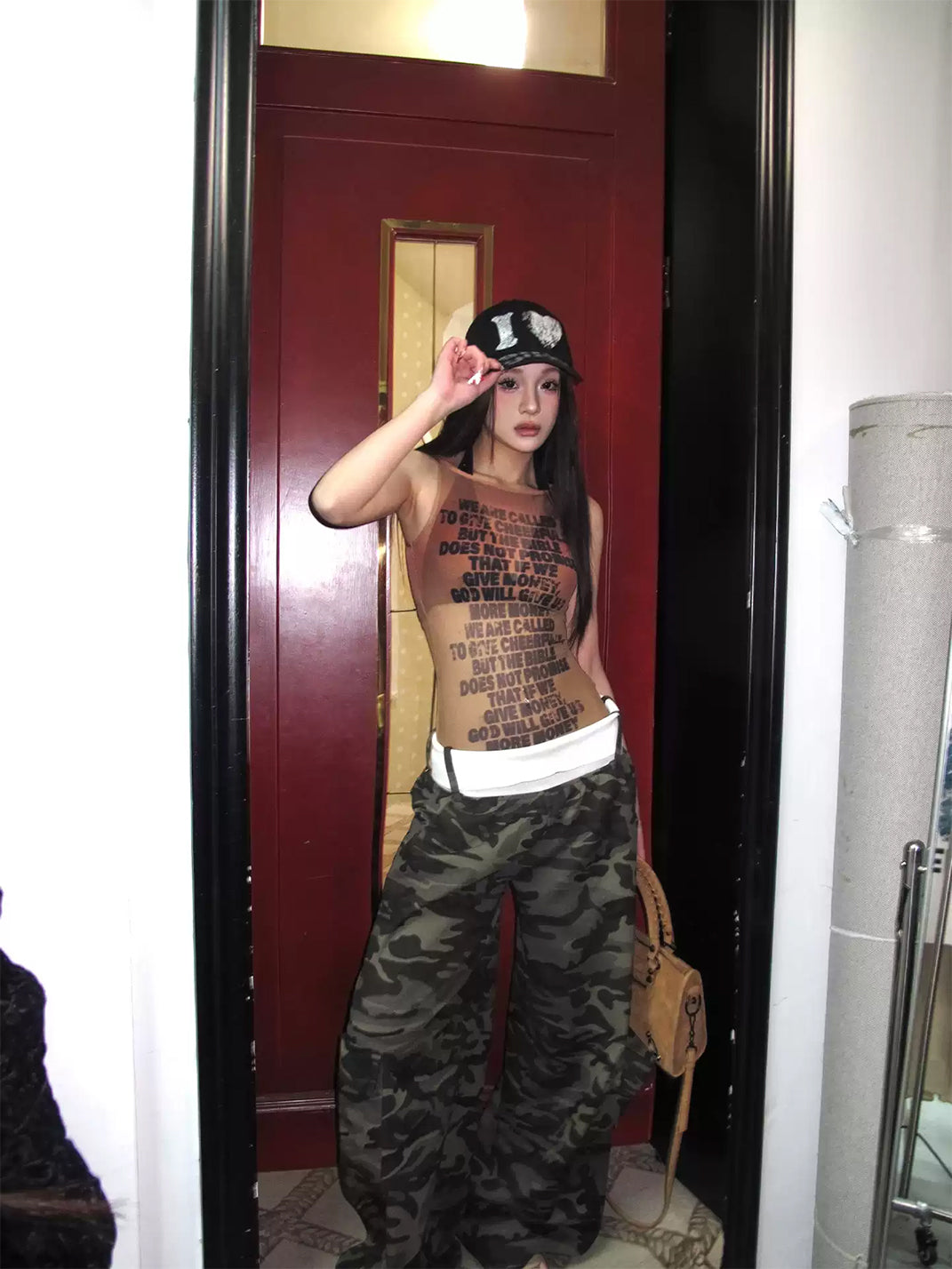 Sepia Gradient Letter-Print Mesh Tank — product view 5