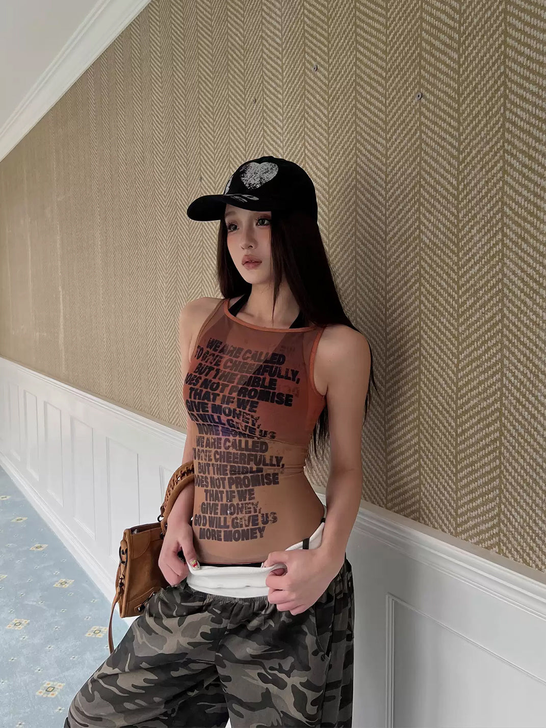 Sepia Gradient Letter-Print Mesh Tank — product view 6
