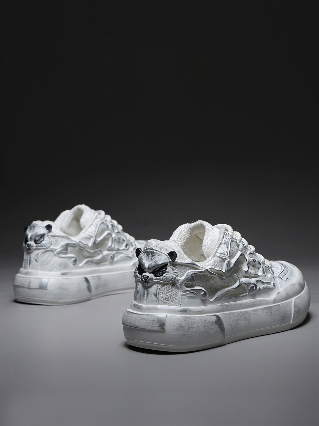 Distressed White Tai Chi Panda Platform Sneakers - View 5