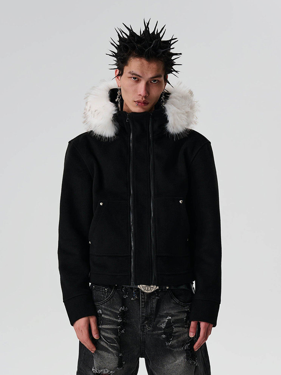 Detachable Faux-Fur Collar Double-Zip Coat - View 2