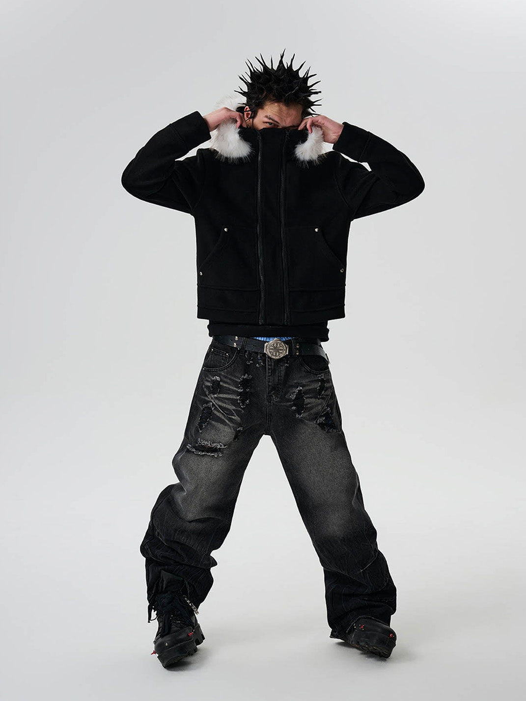 Detachable Faux-Fur Collar Double-Zip Coat - View 4