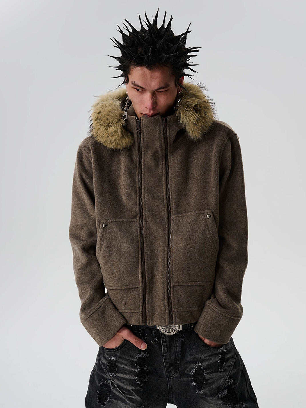 Detachable Faux-Fur Collar Double-Zip Coat - View 14