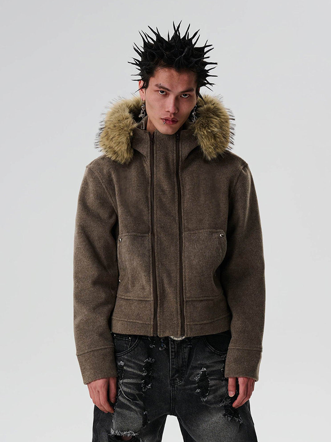 Detachable Faux-Fur Collar Double-Zip Coat - View 15