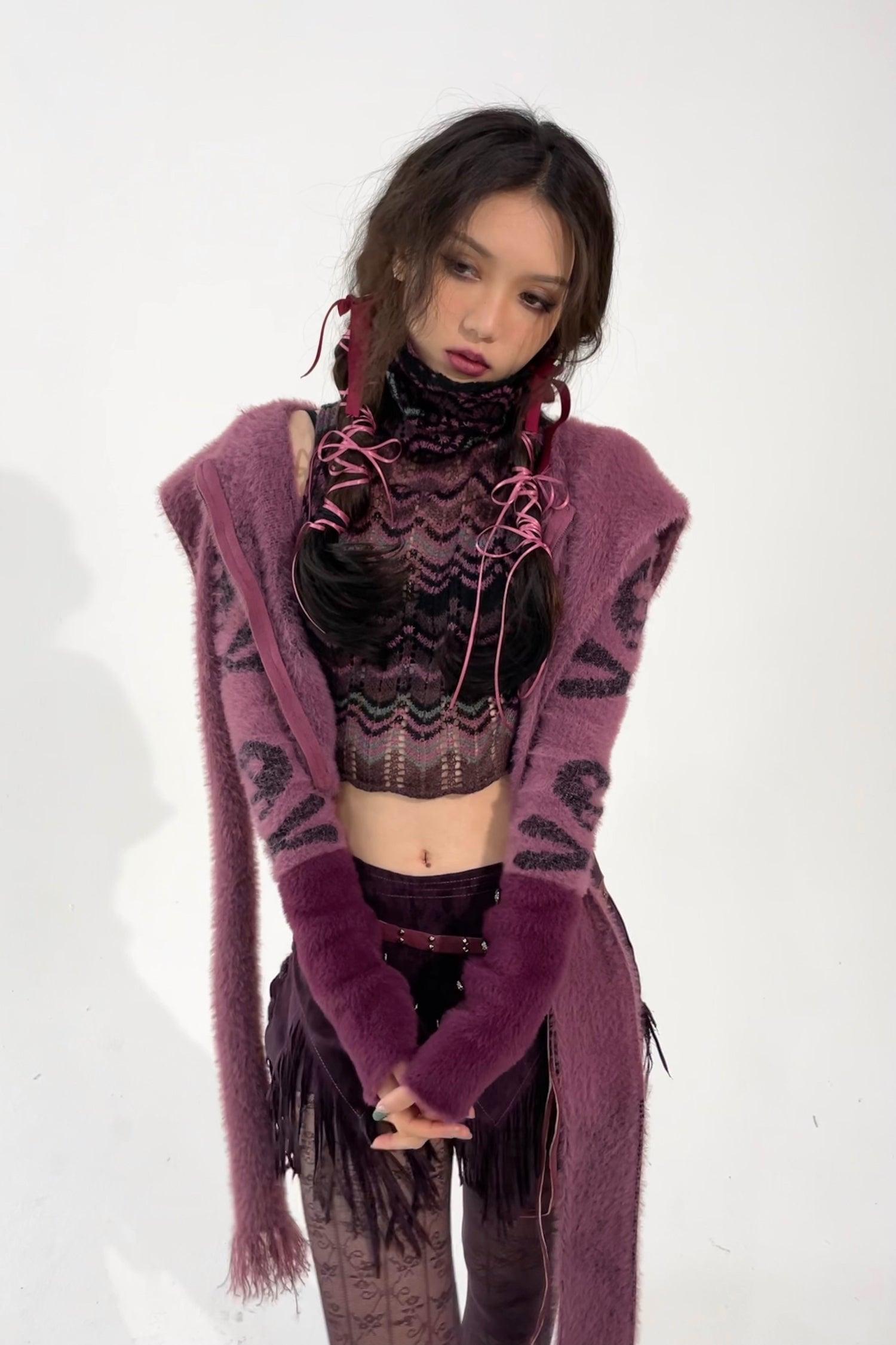 Skull Print Cropped Scarf Cardigan