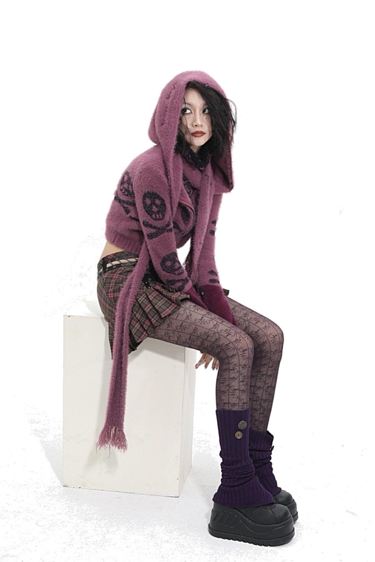Skull Print Cropped Scarf Cardigan