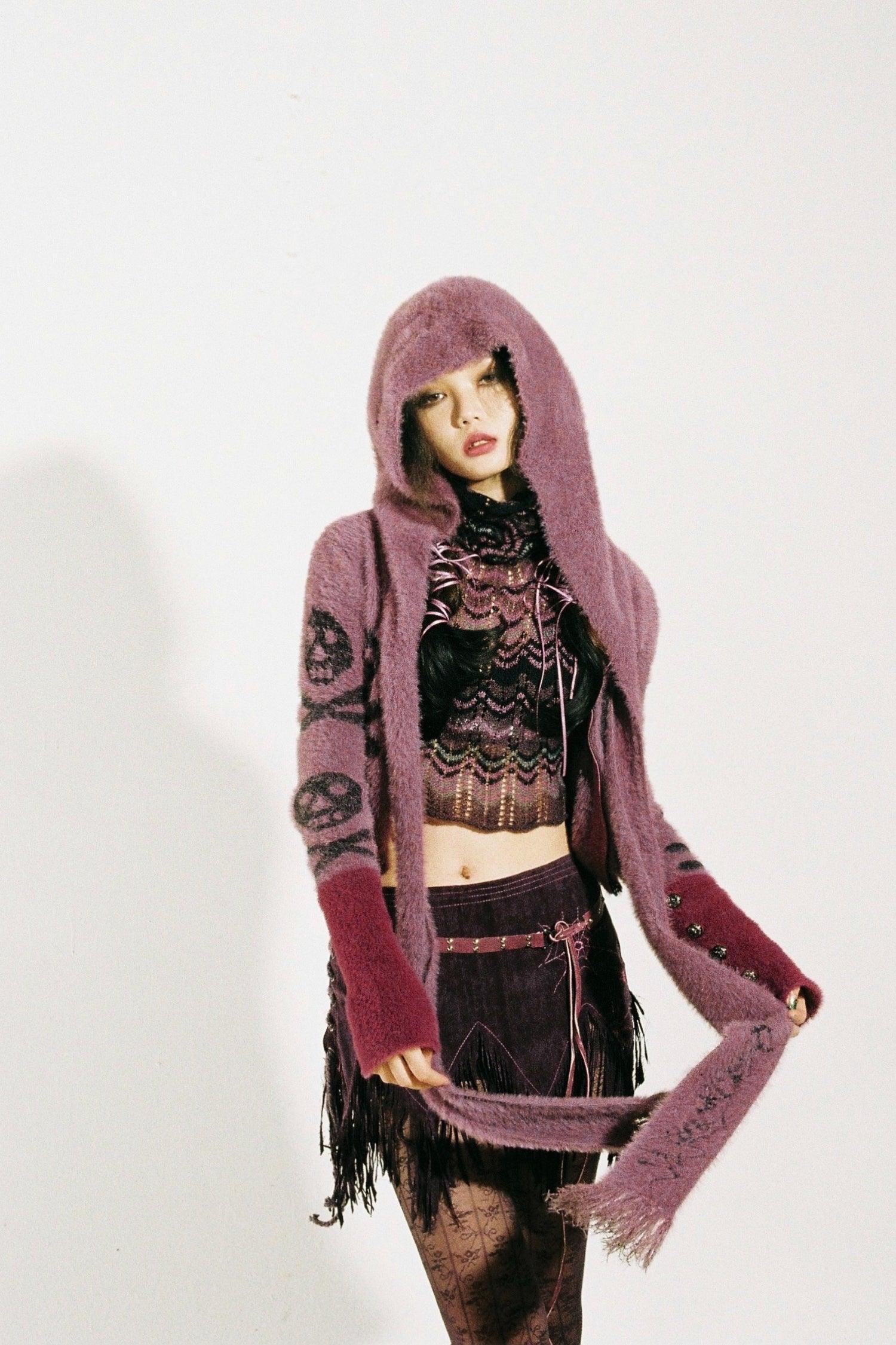 Skull Print Cropped Scarf Cardigan