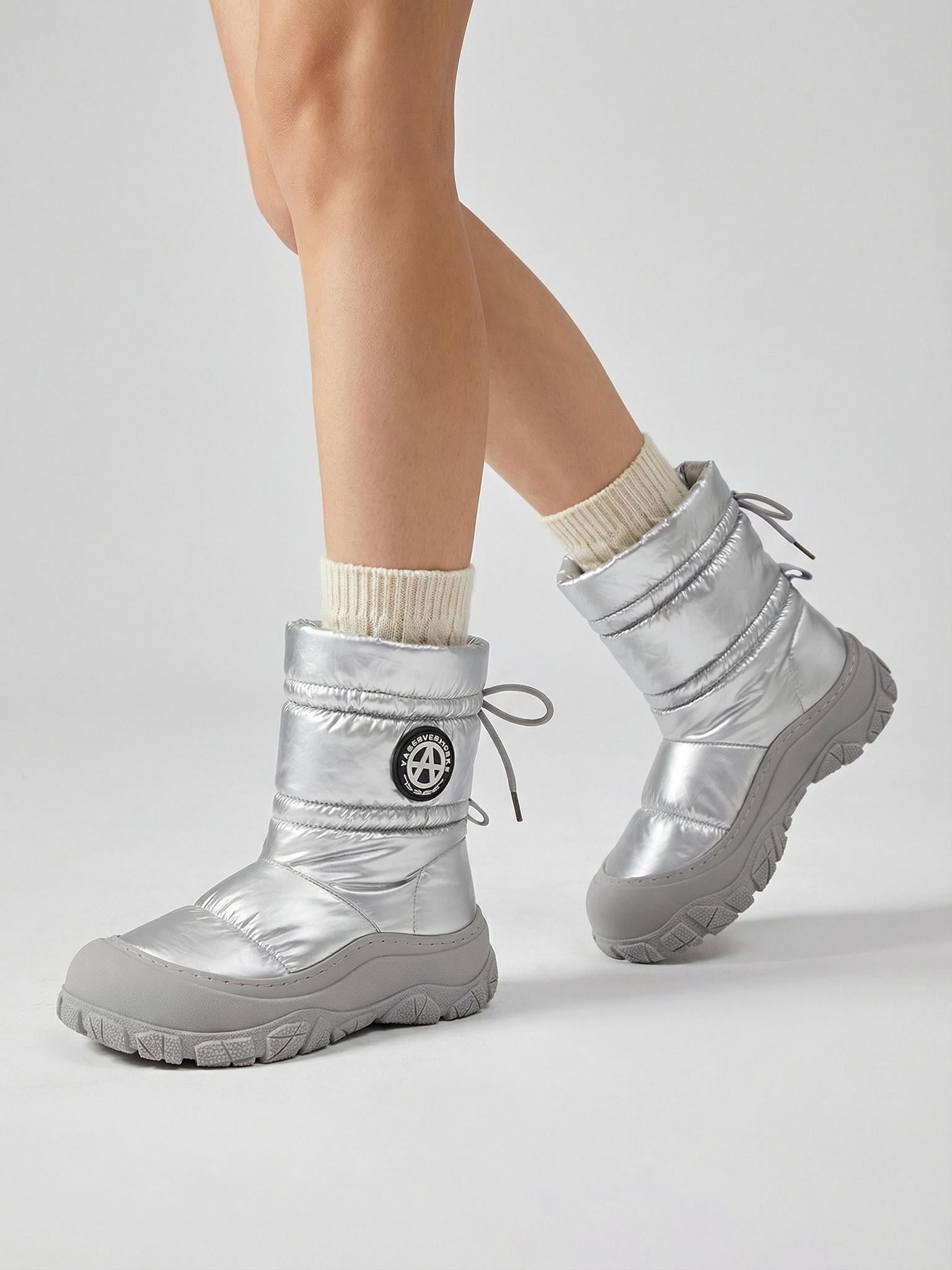 Silver Drawstring Puffer Snow Boots - View 3