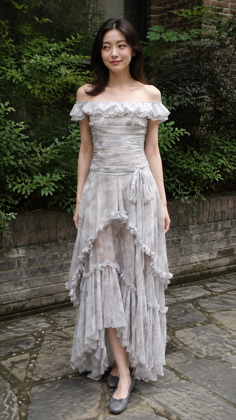 Silver Fairy Dress — A relaxed pause on a garden path. Light Gray.