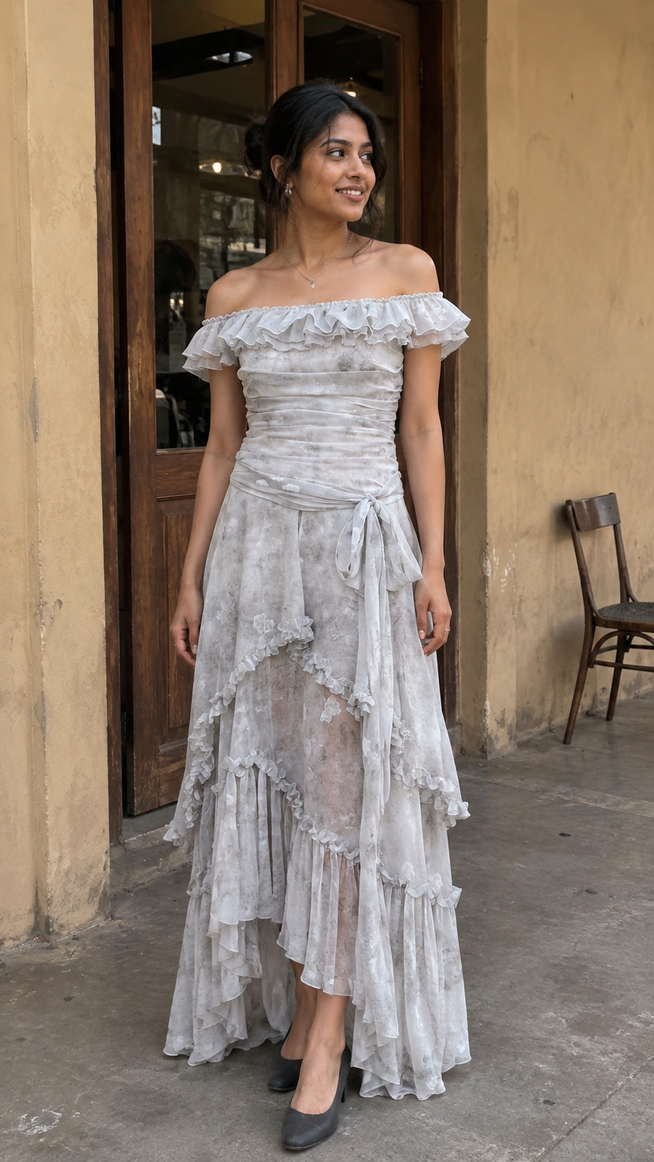 Silver Fairy Dress — A quiet moment outside the neighborhood cafe. Light Gray.