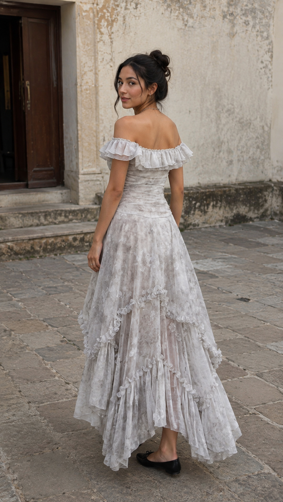 Silver Fairy Dress — A natural rear three-quarter view of the dress. Light Gray.