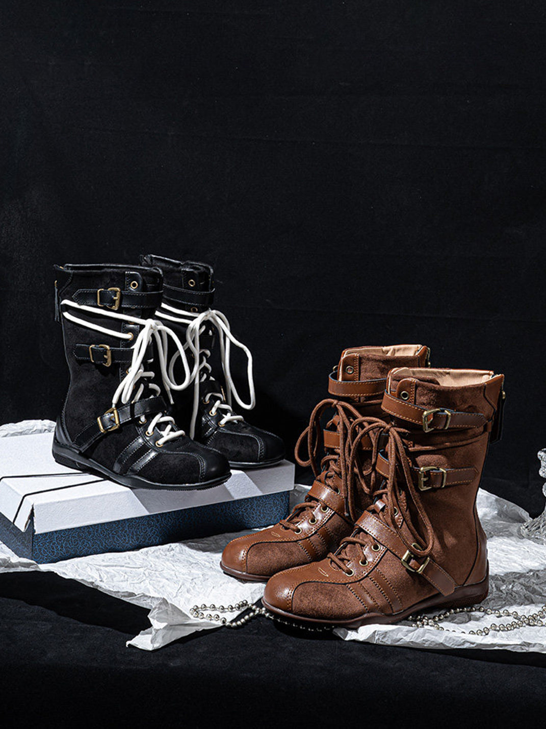 Lace-Up Buckled Mid-Calf Combat Boots - View 9