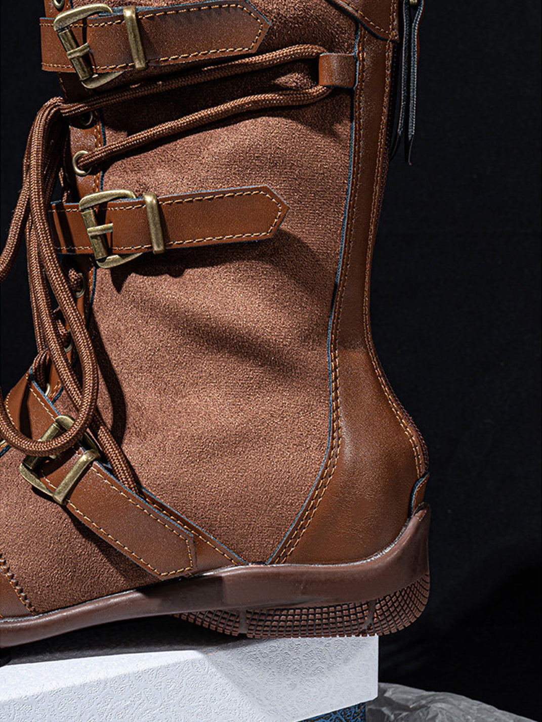 Lace-Up Buckled Mid-Calf Combat Boots - View 12