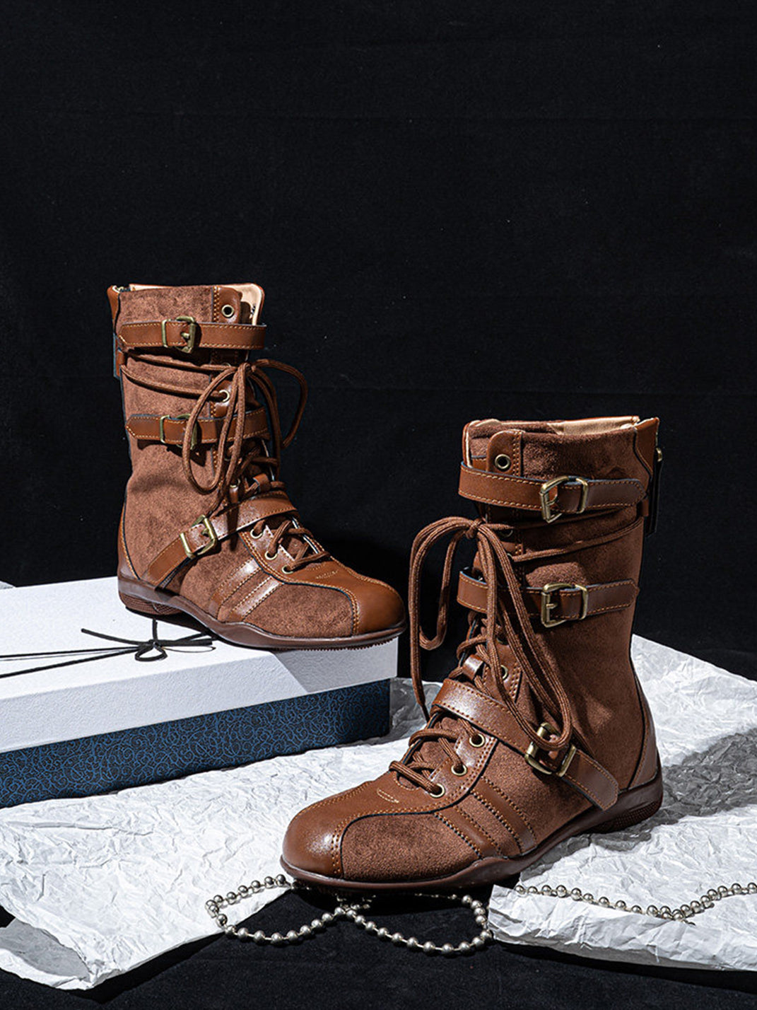 Lace-Up Buckled Mid-Calf Combat Boots - View 16