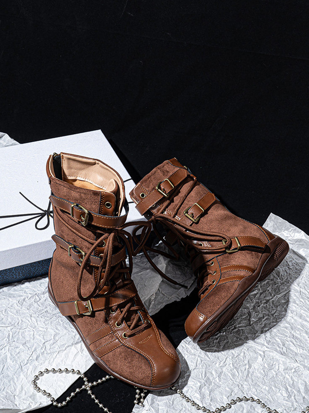 Lace-Up Buckled Mid-Calf Combat Boots - View 17
