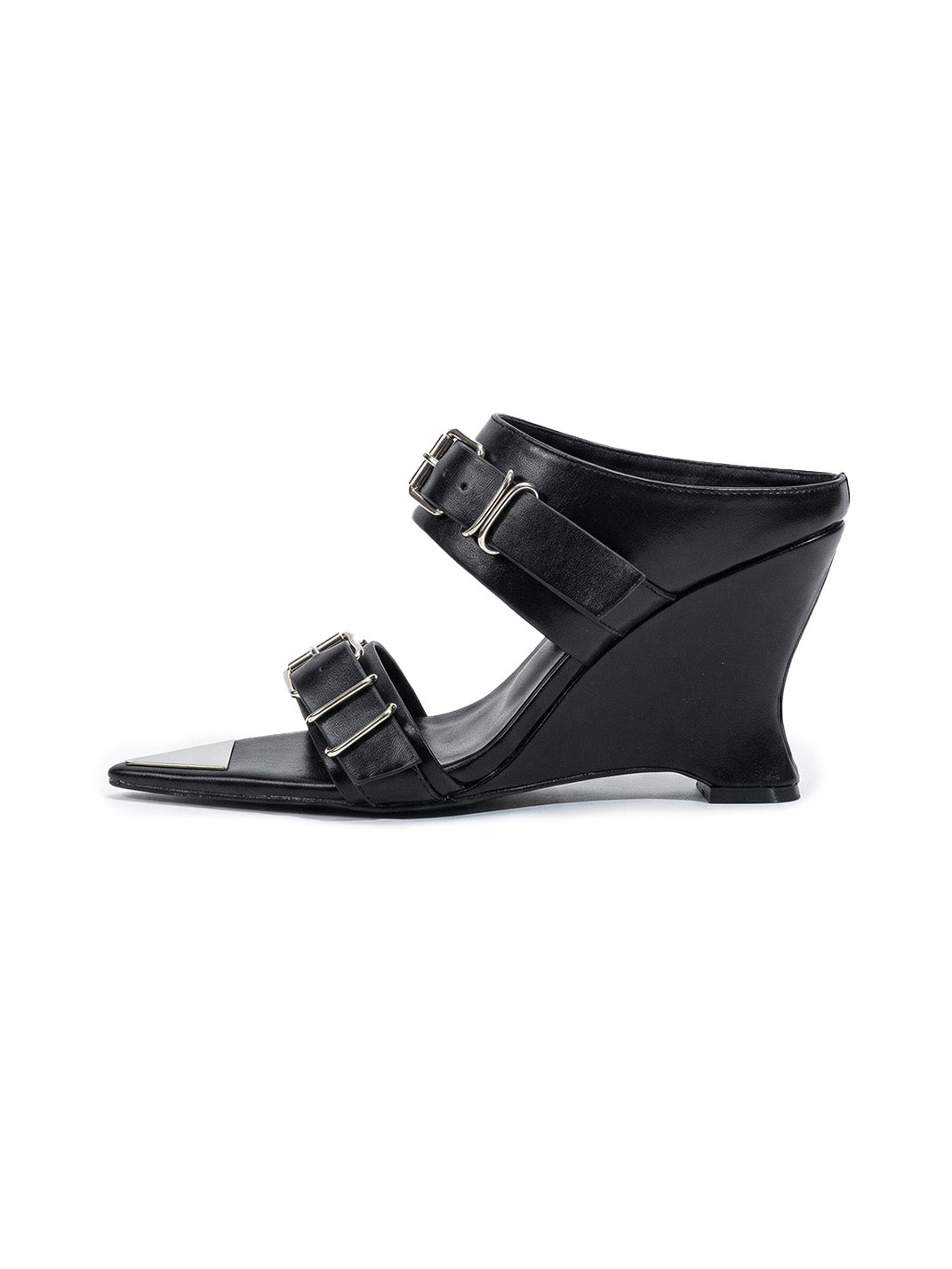 Pointed-Toe Triple-Buckle Wedge Sandals