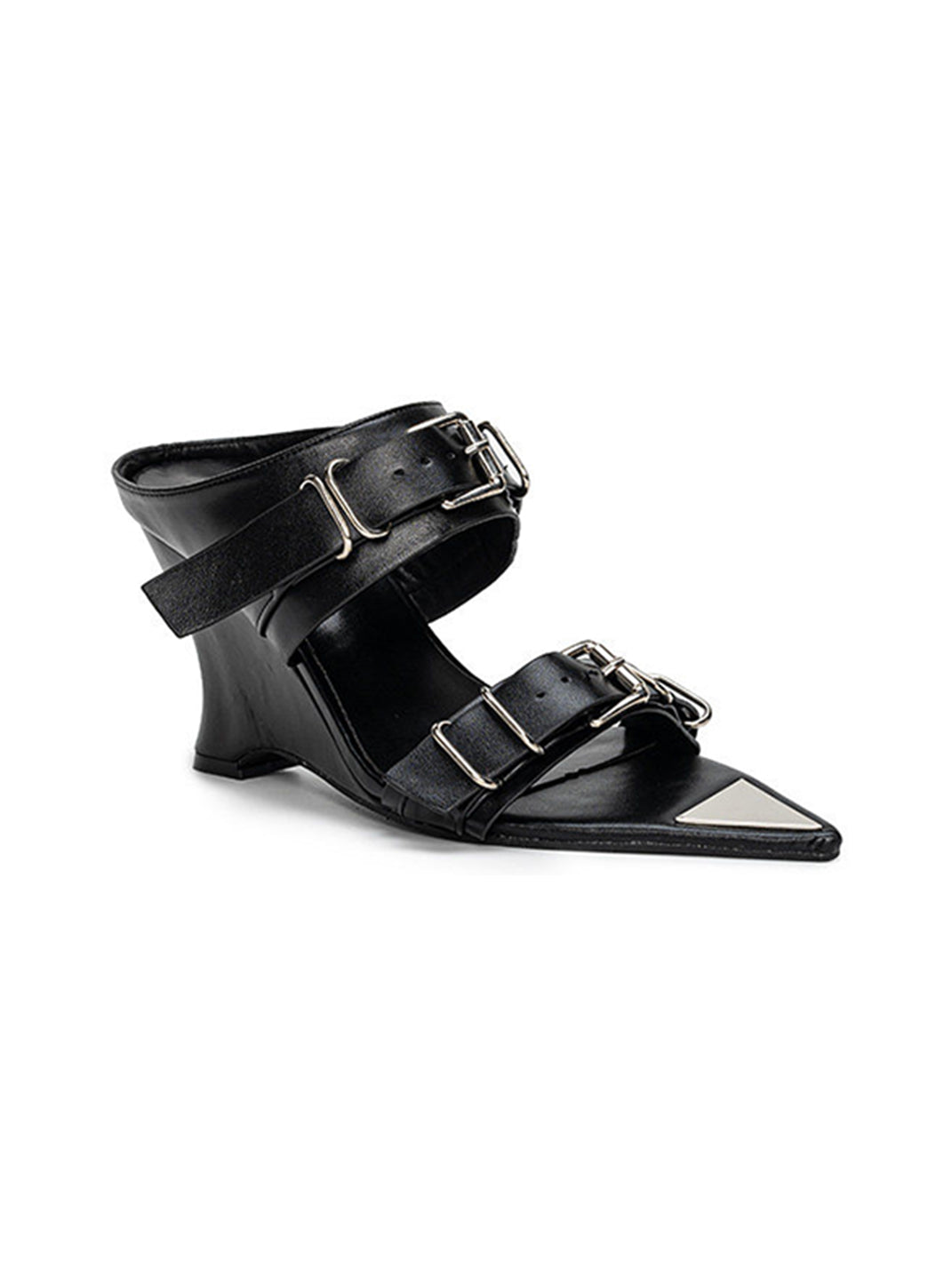 Pointed-Toe Triple-Buckle Wedge Sandals - View 7