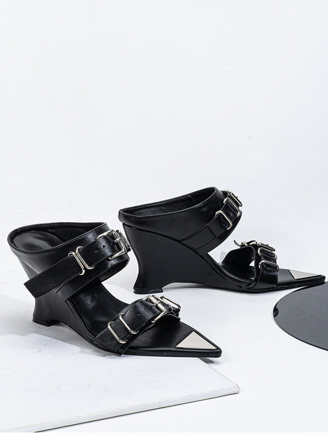 Pointed-Toe Triple-Buckle Wedge Sandals - View 13