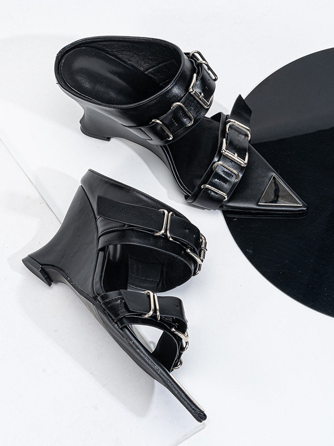 Pointed-Toe Triple-Buckle Wedge Sandals - View 14