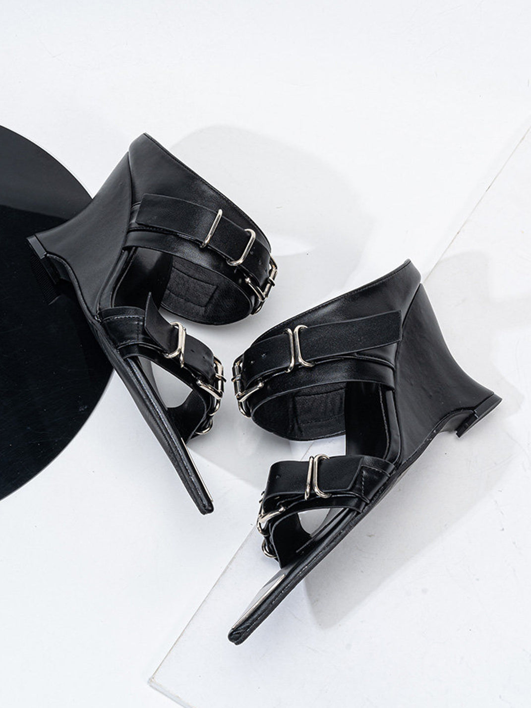 Pointed-Toe Triple-Buckle Wedge Sandals - View 15