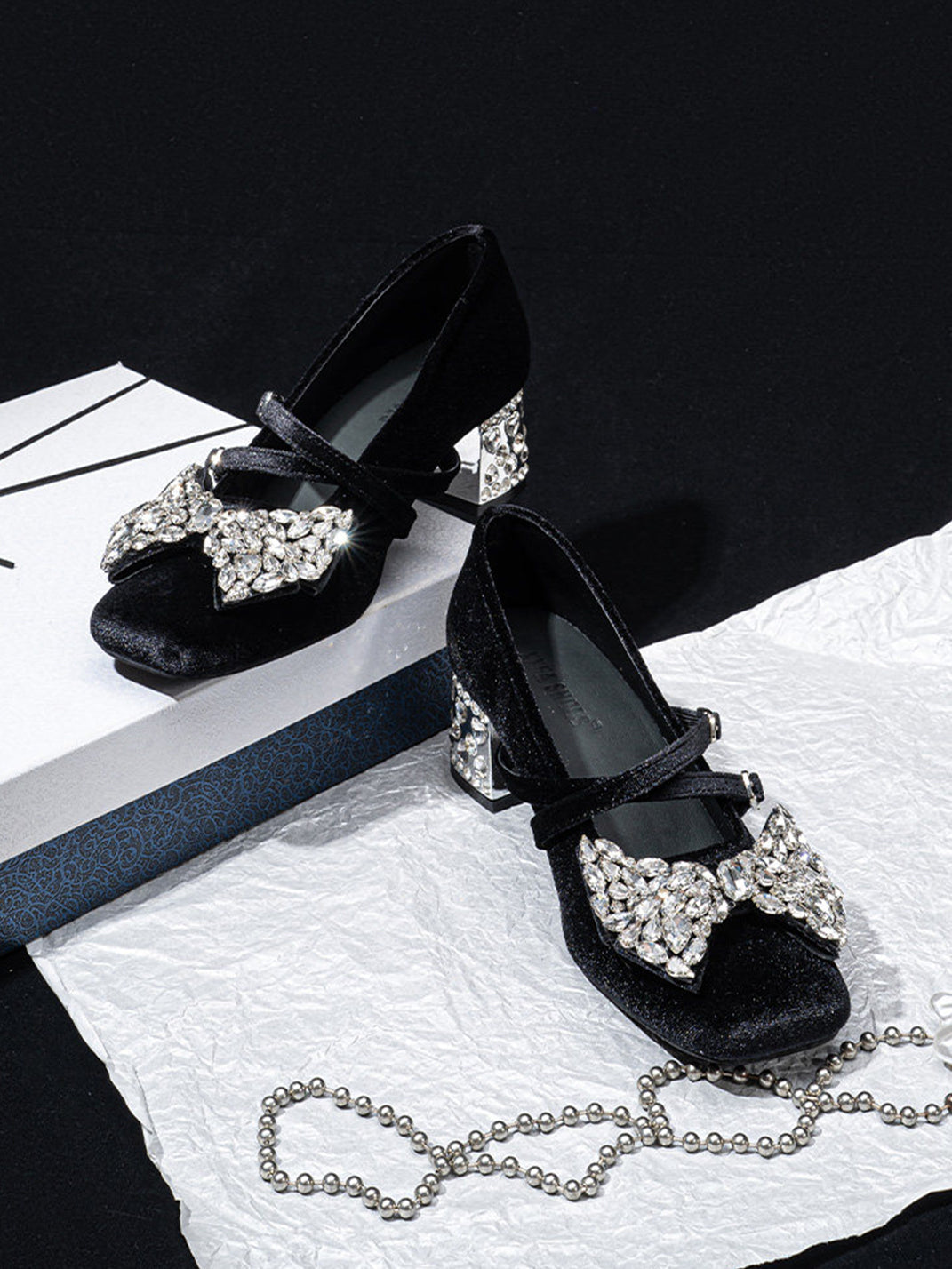 Crystal Bow Velvet Block-Heel Mary Janes - View 8