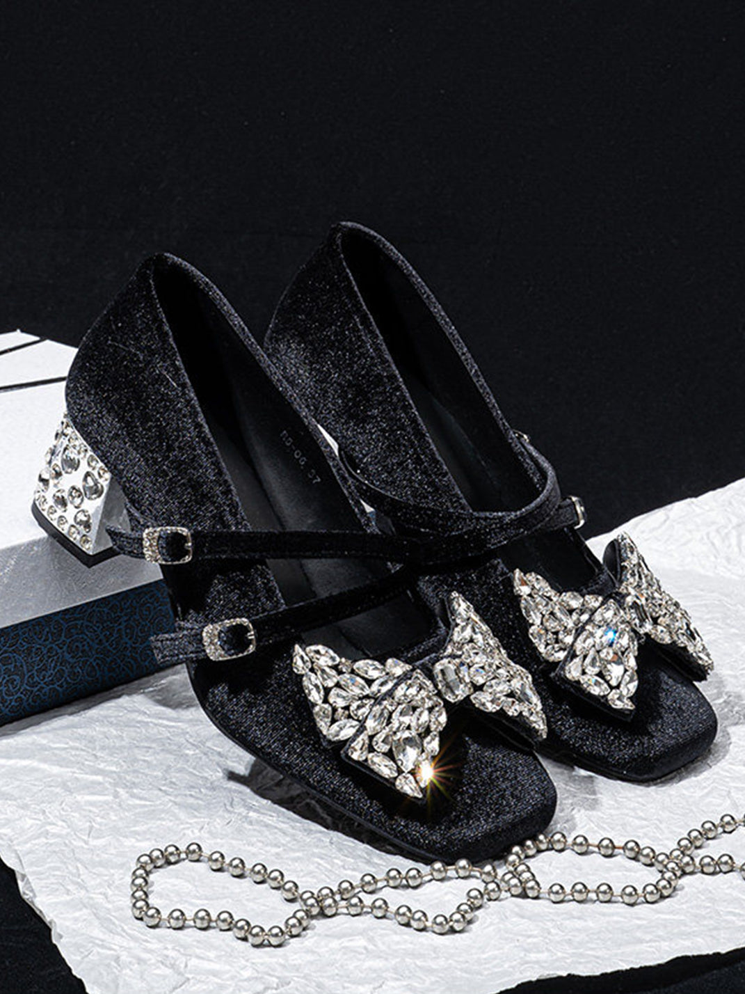 Crystal Bow Velvet Block-Heel Mary Janes - View 10