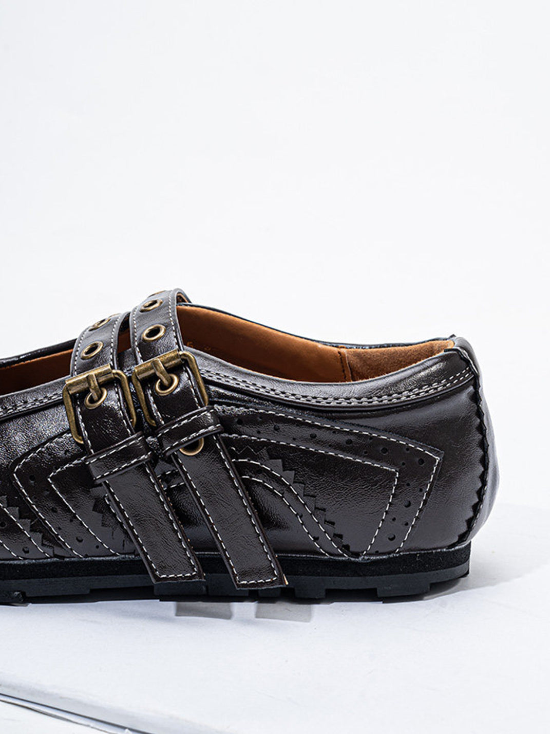 Studded Double-Buckle Square-Toe Flats - View 8