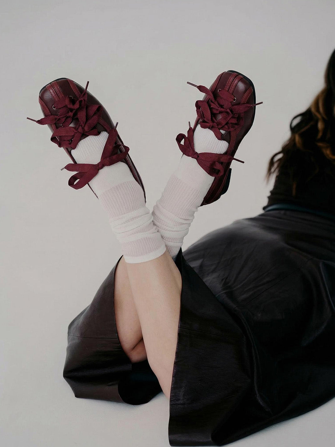 Ribbon-Laced Burgundy Ballet Flats - View 5