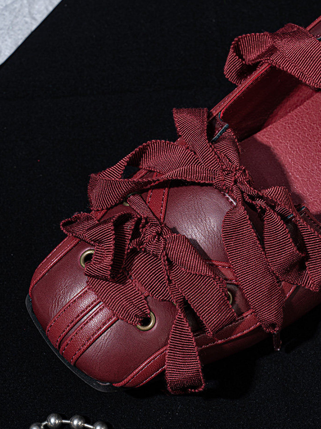 Ribbon-Laced Burgundy Ballet Flats - View 7