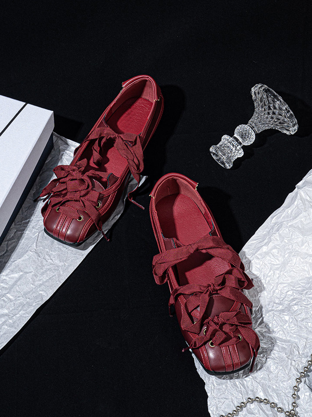 Ribbon-Laced Burgundy Ballet Flats - View 14