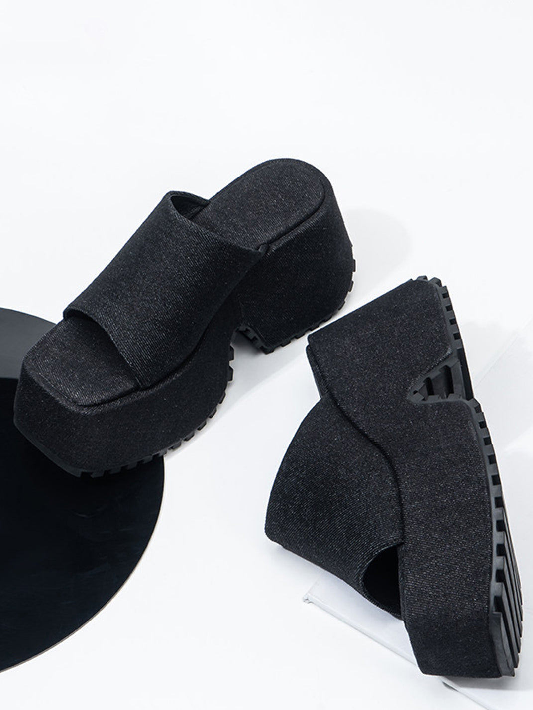 Square-Toe Denim Platform Slide Sandals - View 17