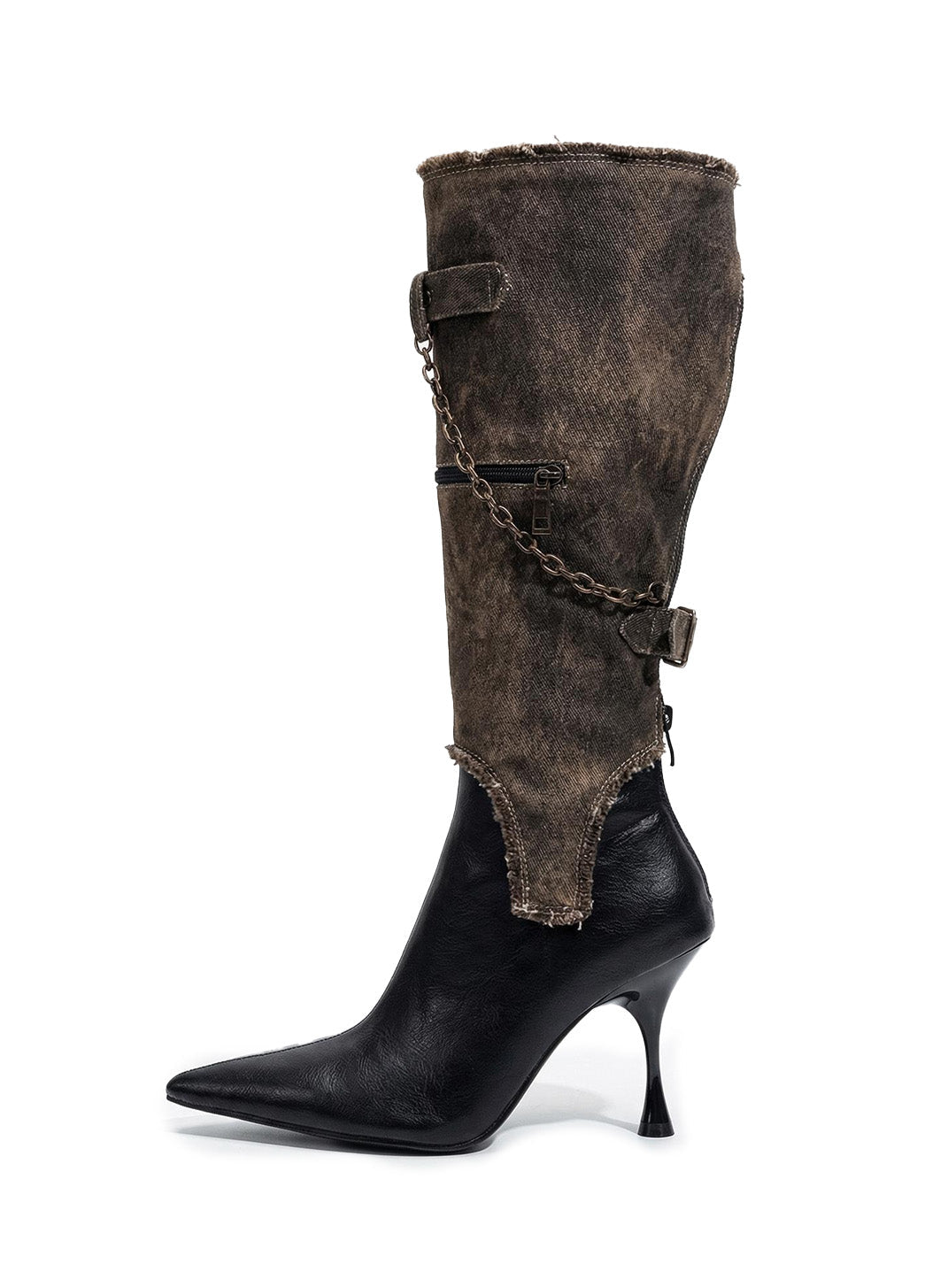 Detachable Distressed-Shaft Stiletto Boots