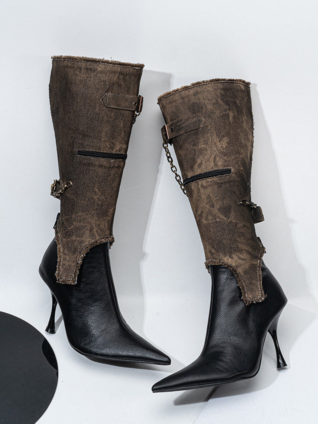 Detachable Distressed-Shaft Stiletto Boots - View 12