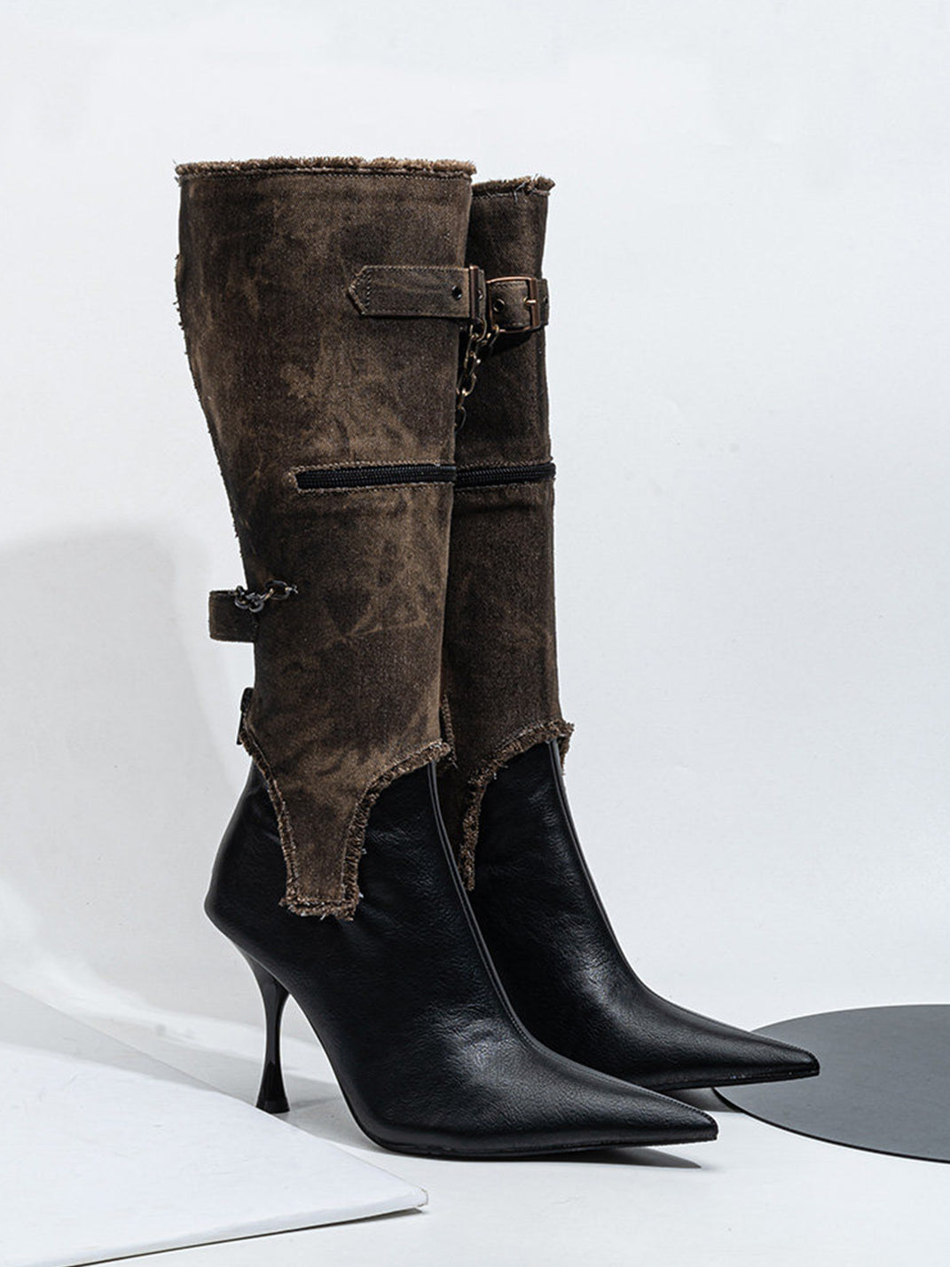 Detachable Distressed-Shaft Stiletto Boots - View 13