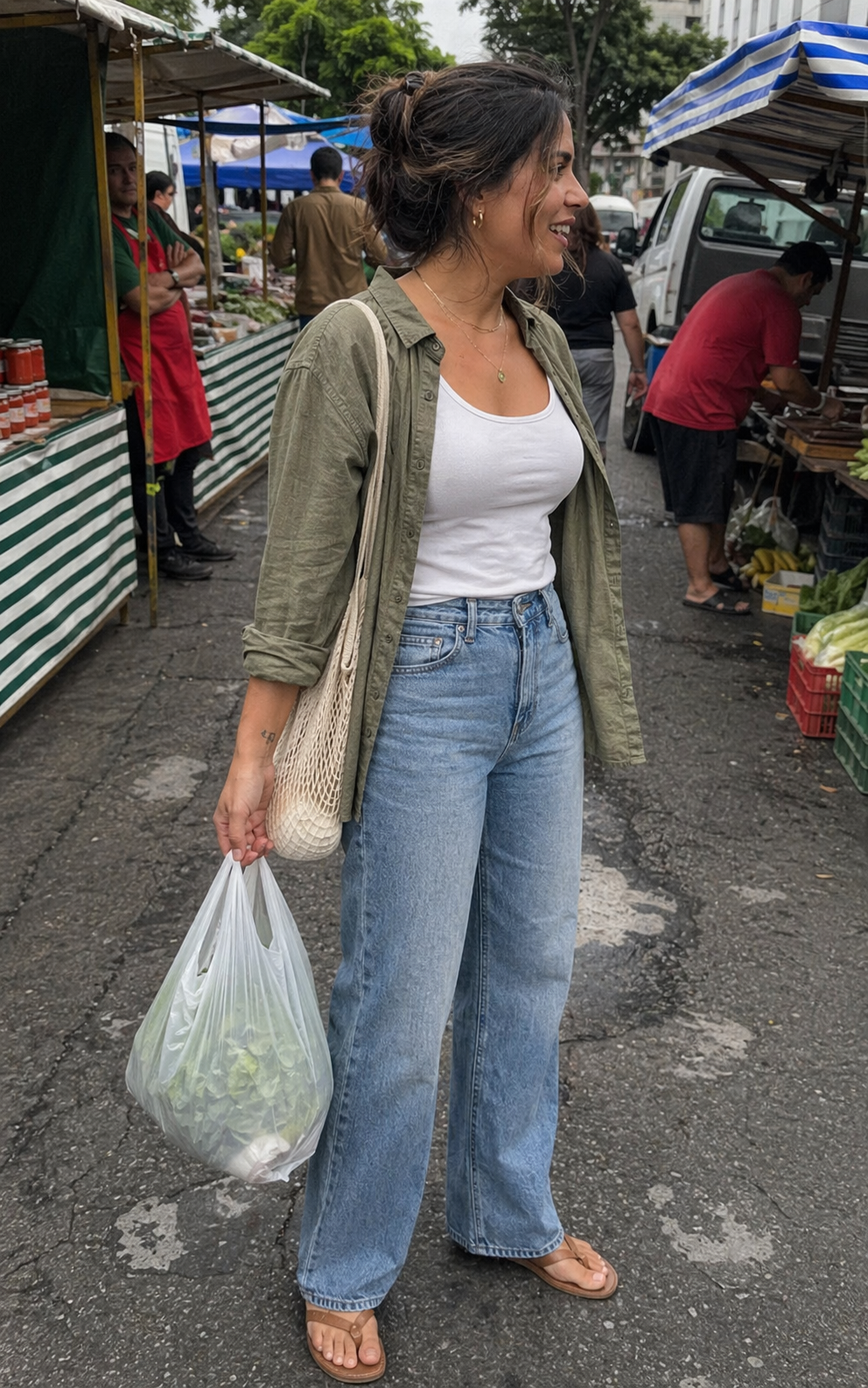 UGC showcase 5 for Skyfade Straight Leg Jeans: Brazilian woman at a Sao Paulo street market.