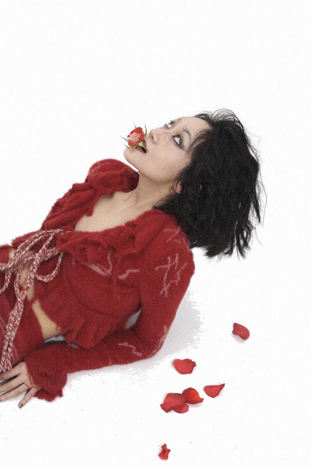 Red Mohair Cropped Wrap Sweater
