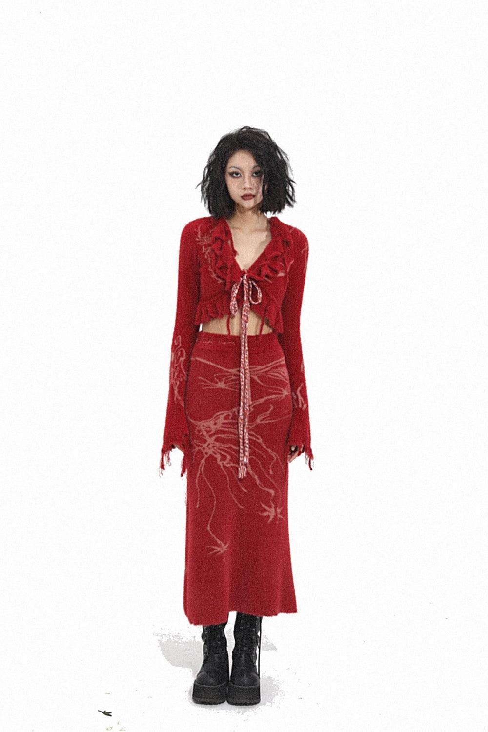 Red Mohair Cropped Wrap Sweater