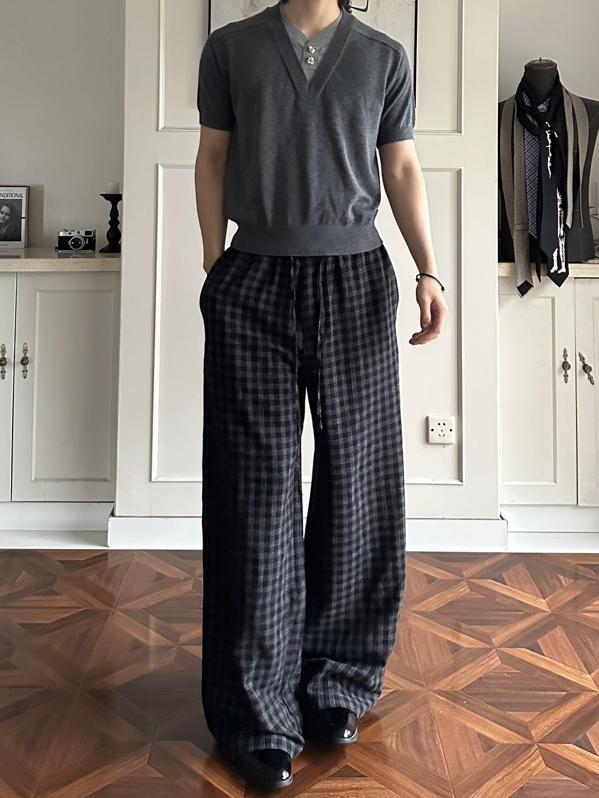 Crinkled Check Wide-Leg Drawstring Pants product view 5
