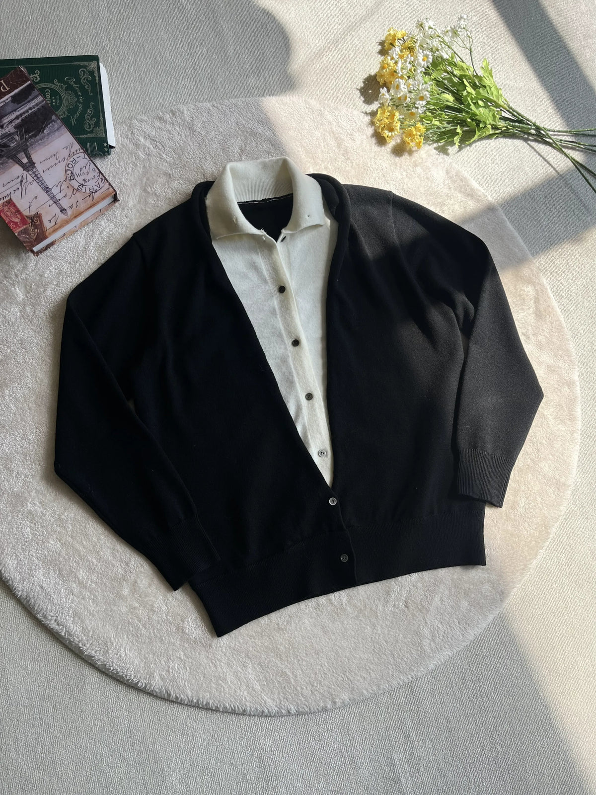 Layered-Look Contrast-Collar Knit Cardigan product view 3