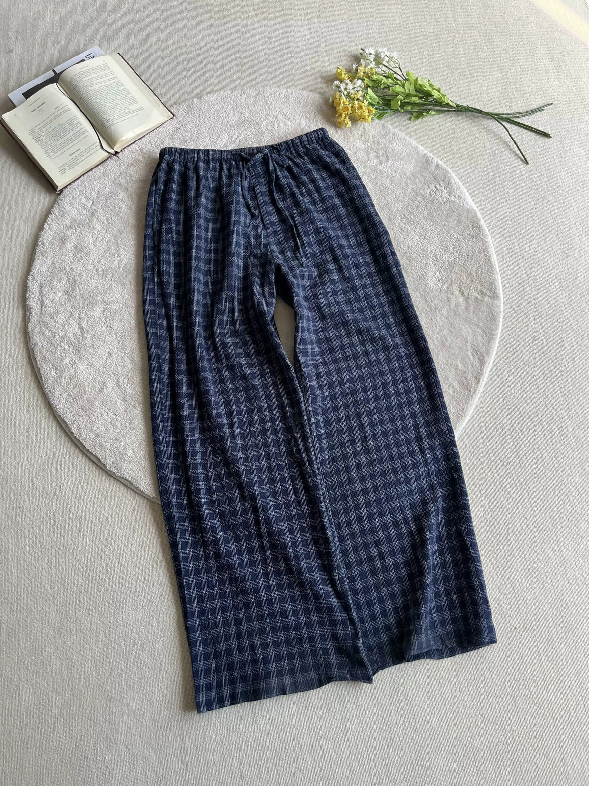 Crinkled Check Wide-Leg Drawstring Pants product view 4