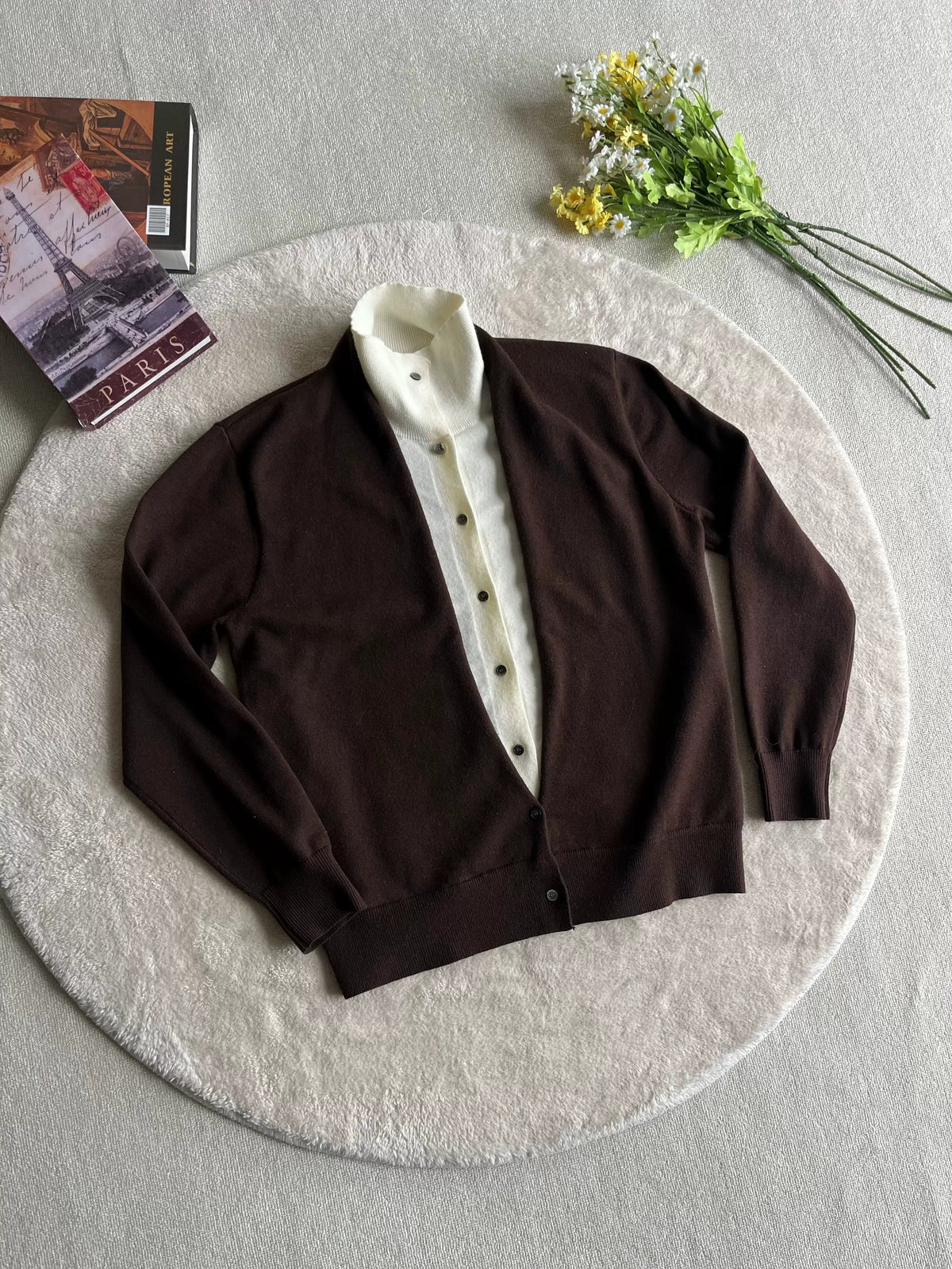 Layered-Look Contrast-Collar Knit Cardigan product view 2
