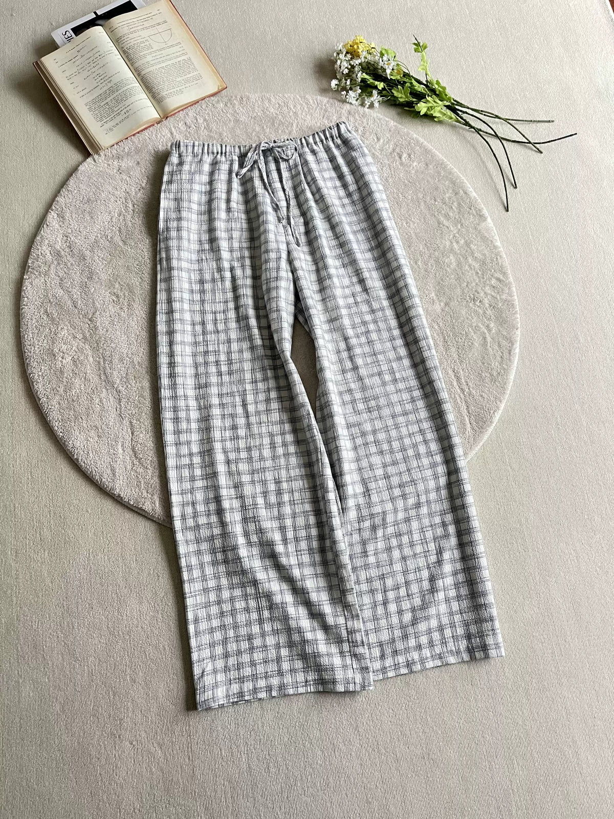 Crinkled Check Wide-Leg Drawstring Pants product view 1