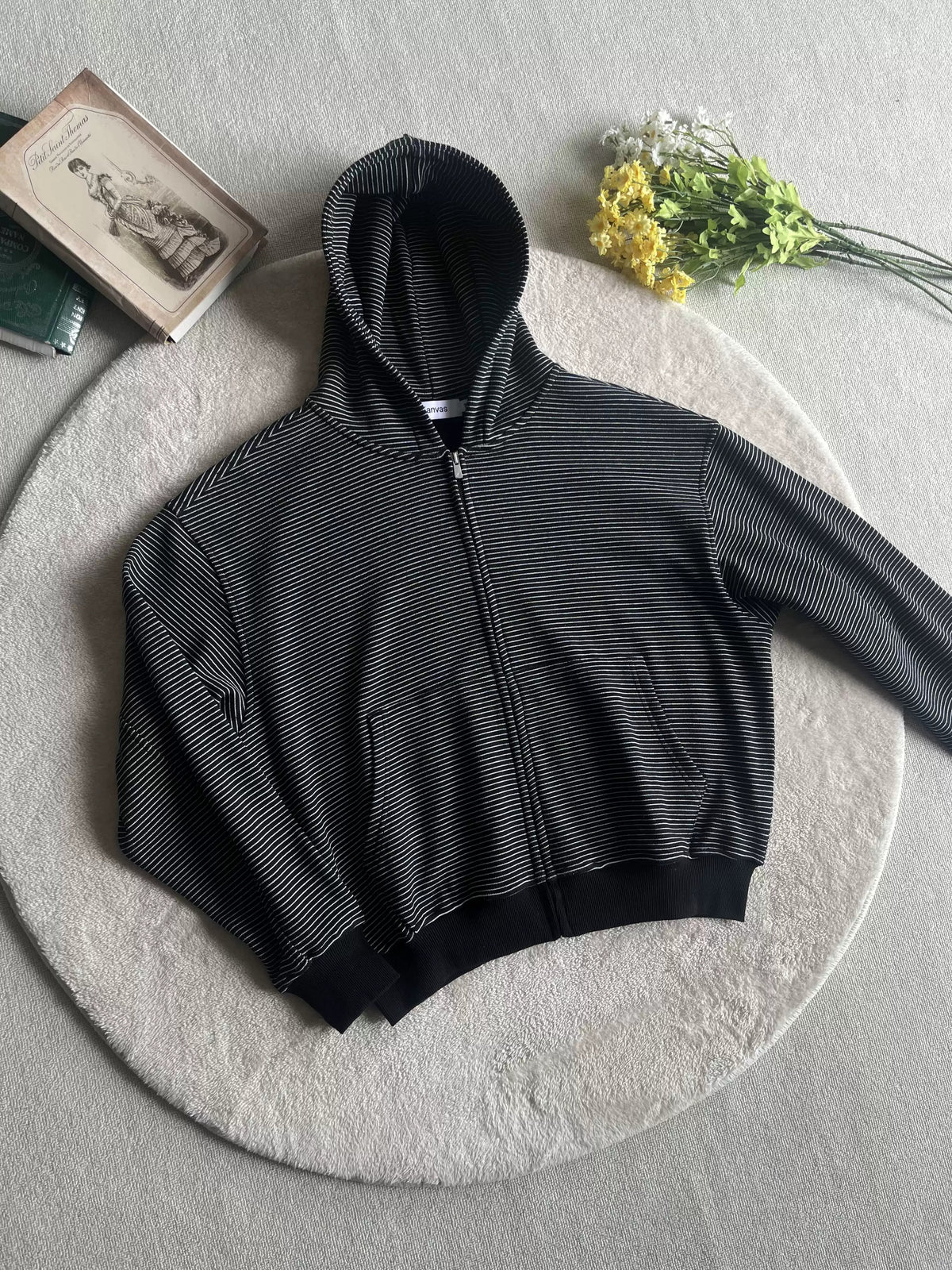 Fine-Stripe Fleece-Lined Zip Hoodie product view 3