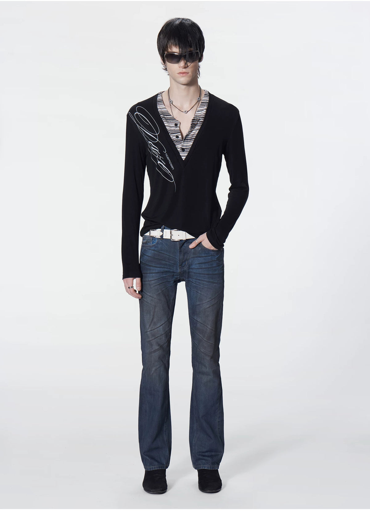 Layered Stripe Deep-V Henley Top product view 1