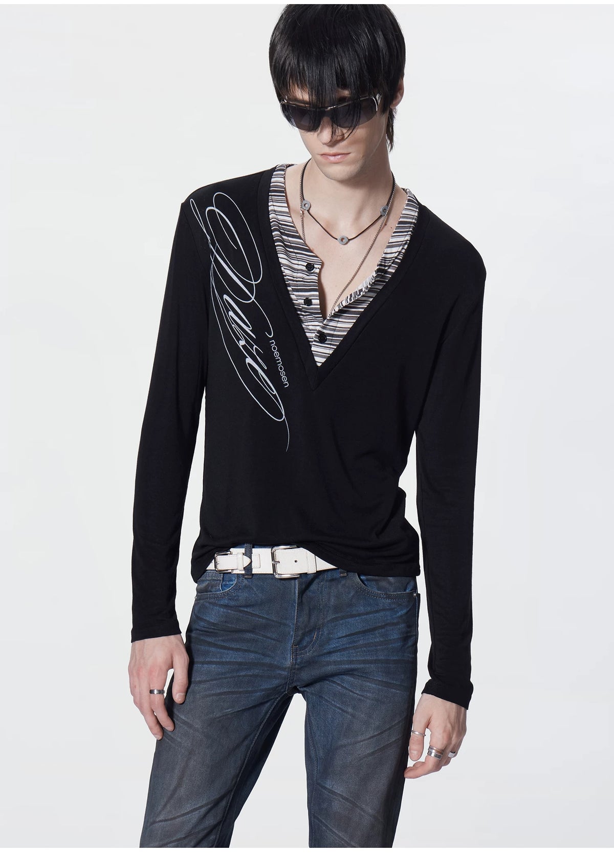 Layered Stripe Deep-V Henley Top product view 4