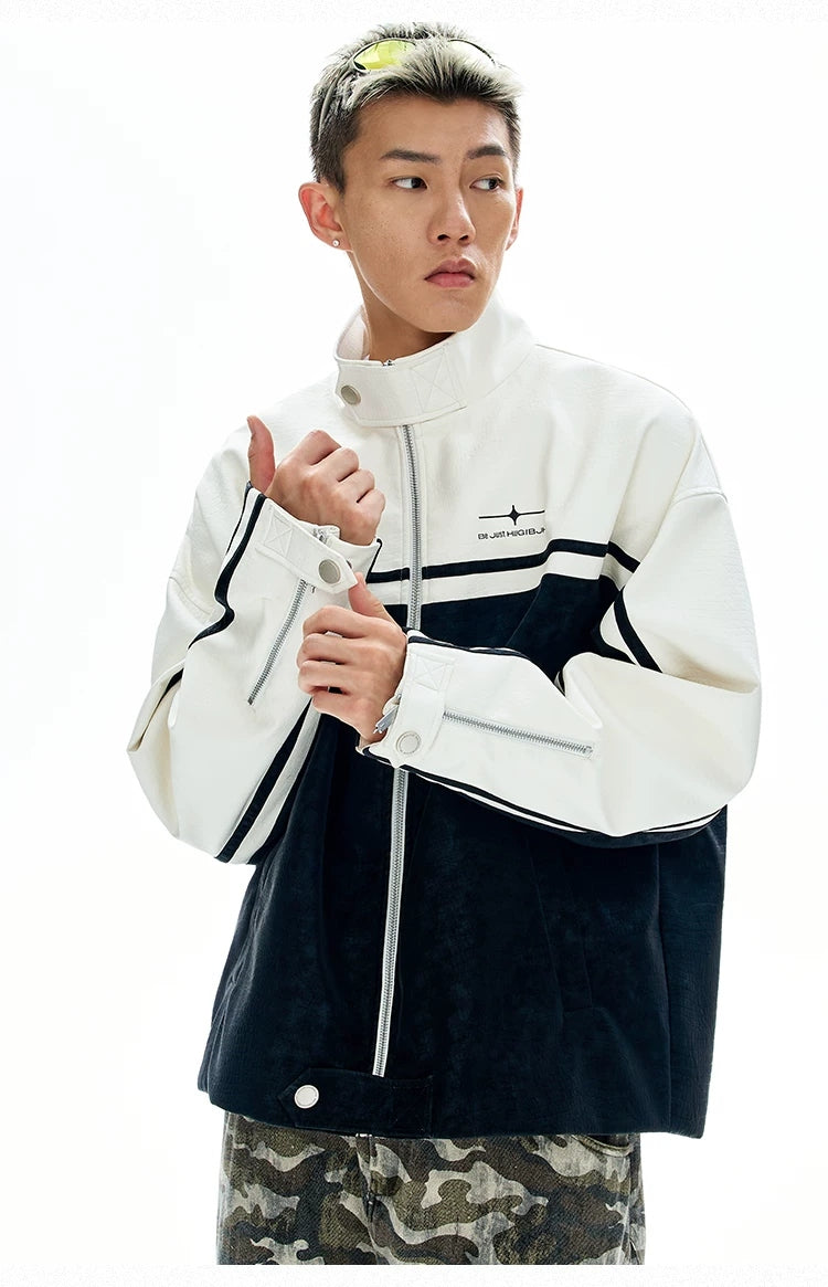 Colorblock Faux-Leather Stand-Collar Jacket product view 4