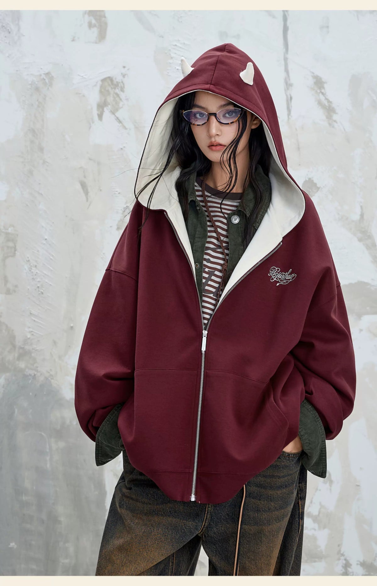 Horned Contrast-Lined Zip Hoodie product view 2