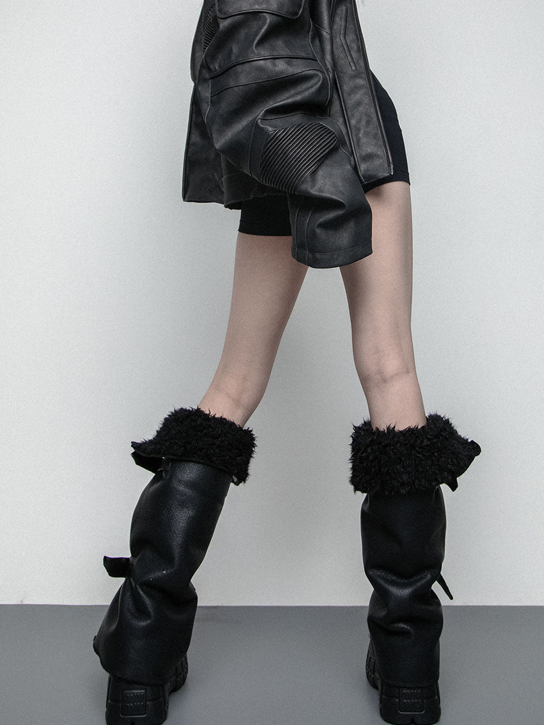 Faux-Fur Strap Leather Leg Warmers - View 6