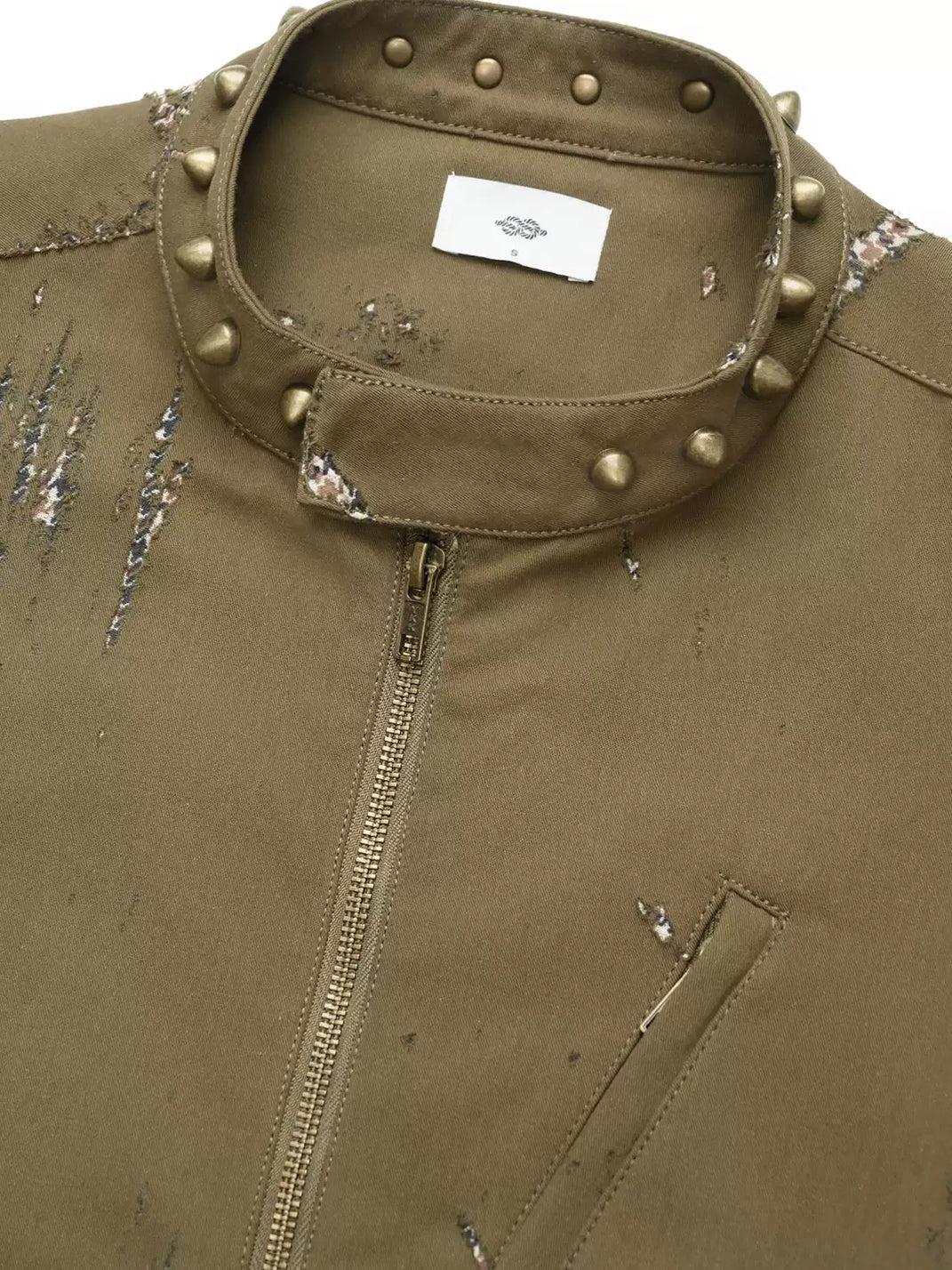 Studded Collar Distressed Cotton Biker Jacket - view 3