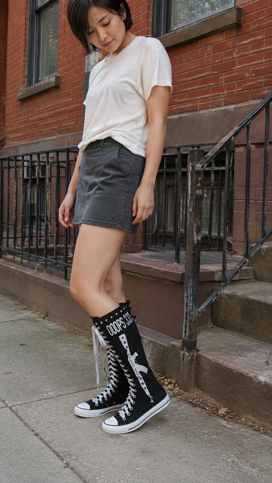 Studded Graphic Canvas Knee-High Boots — Black — brick stoop; AI-generated lifestyle showcase